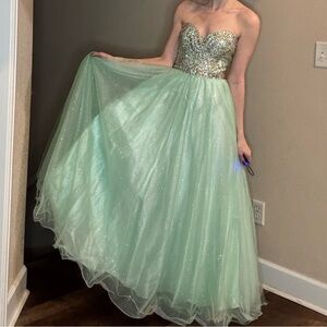 Tiffany Pastel Green Crystal Bodice Strapless Prom Dress 2